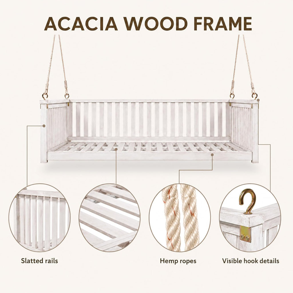Outdoor Porch Swing Bed, Twin Size Acacia Wood Daybed (White) | Acacia Wood Frame, Hemp Ropes, Fits Twin Mattress