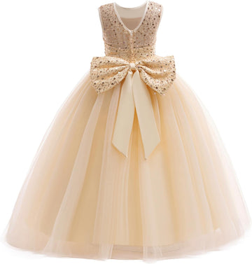 Sequin Tulle Dress Formal Pageant Sparkly Birthday Party Wedding Guest Ball Gown Dresses with Bow