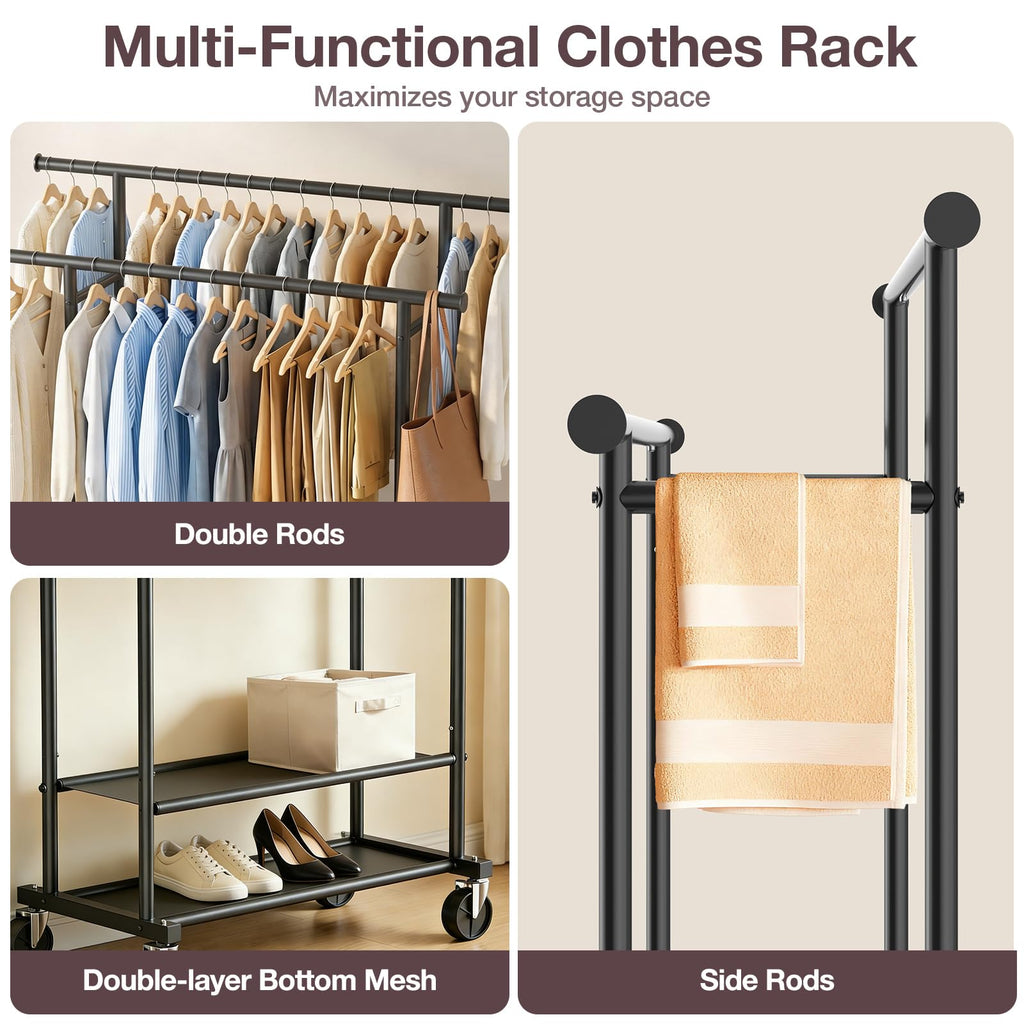 Portable Clothes Rack Rolling Garment Rack with Wheels 26OLBS Black