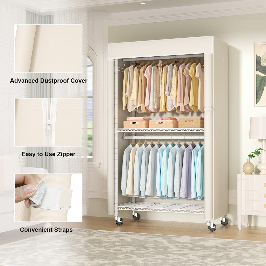 White Clothing Rack with Beige Cover, P1C Rolling Closets