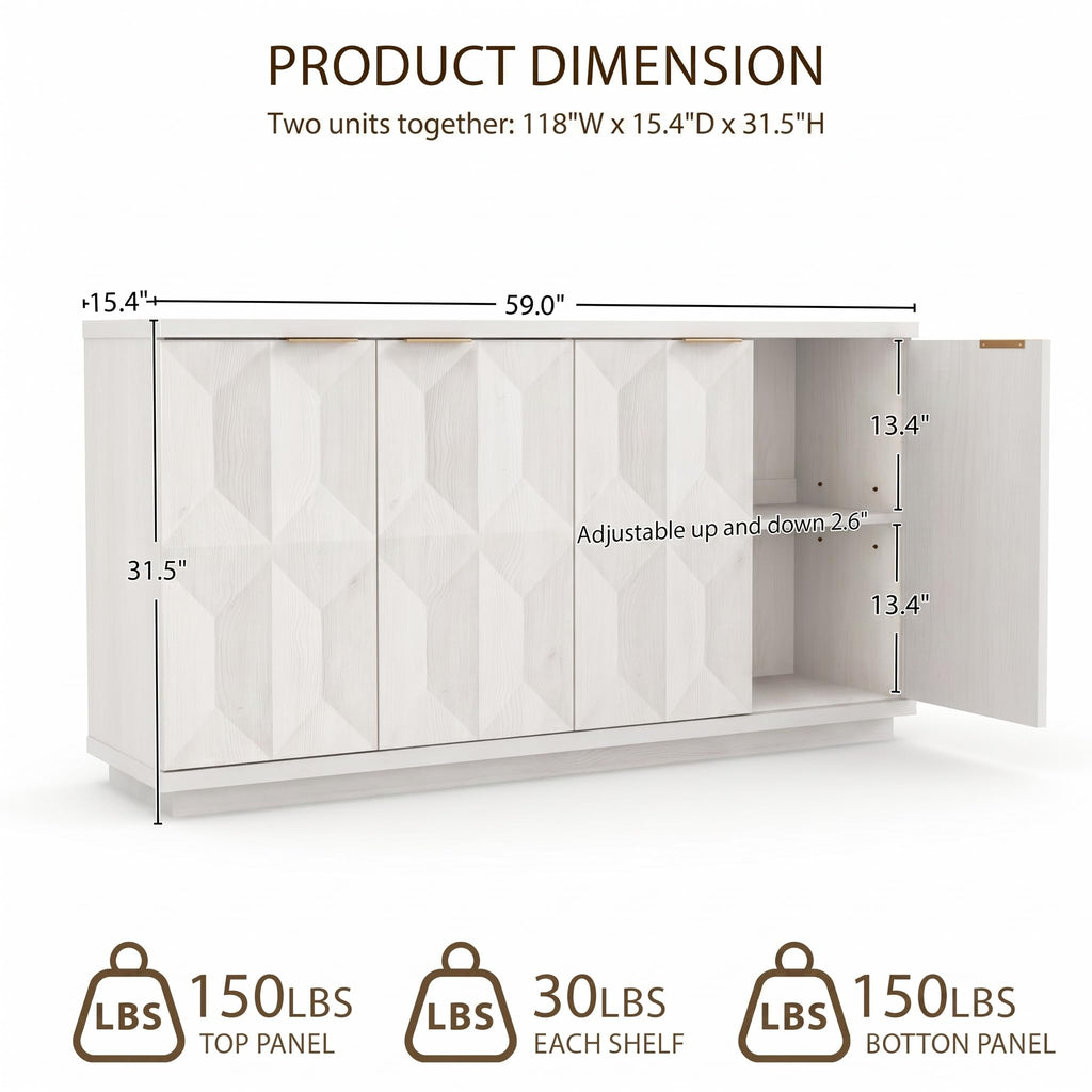 59"W Sideboard Buffet Cabinet with 3D Geometric Doors, White Oak