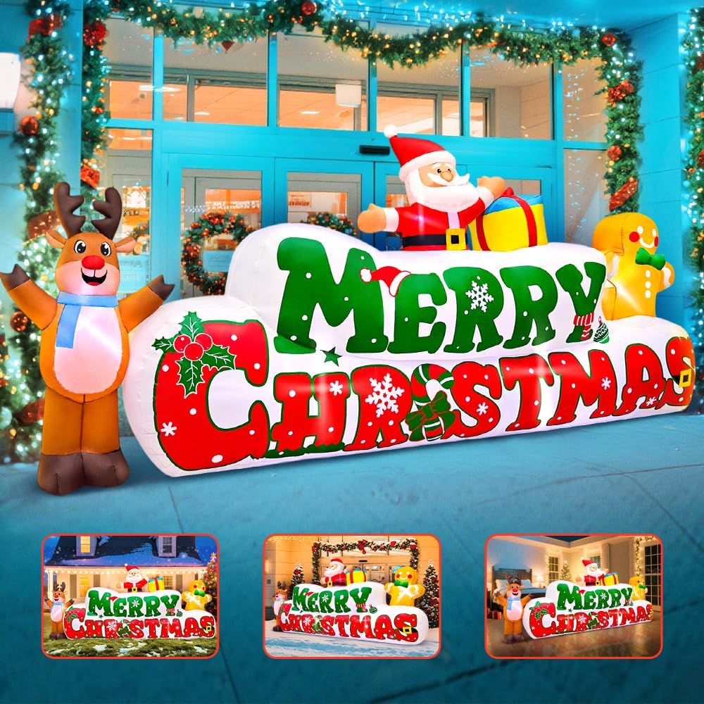 10FT Christmas Inflatables Outdoor Decorations Inflatable Merry Christmas with Santa Gingerbread Reindeer, Built in