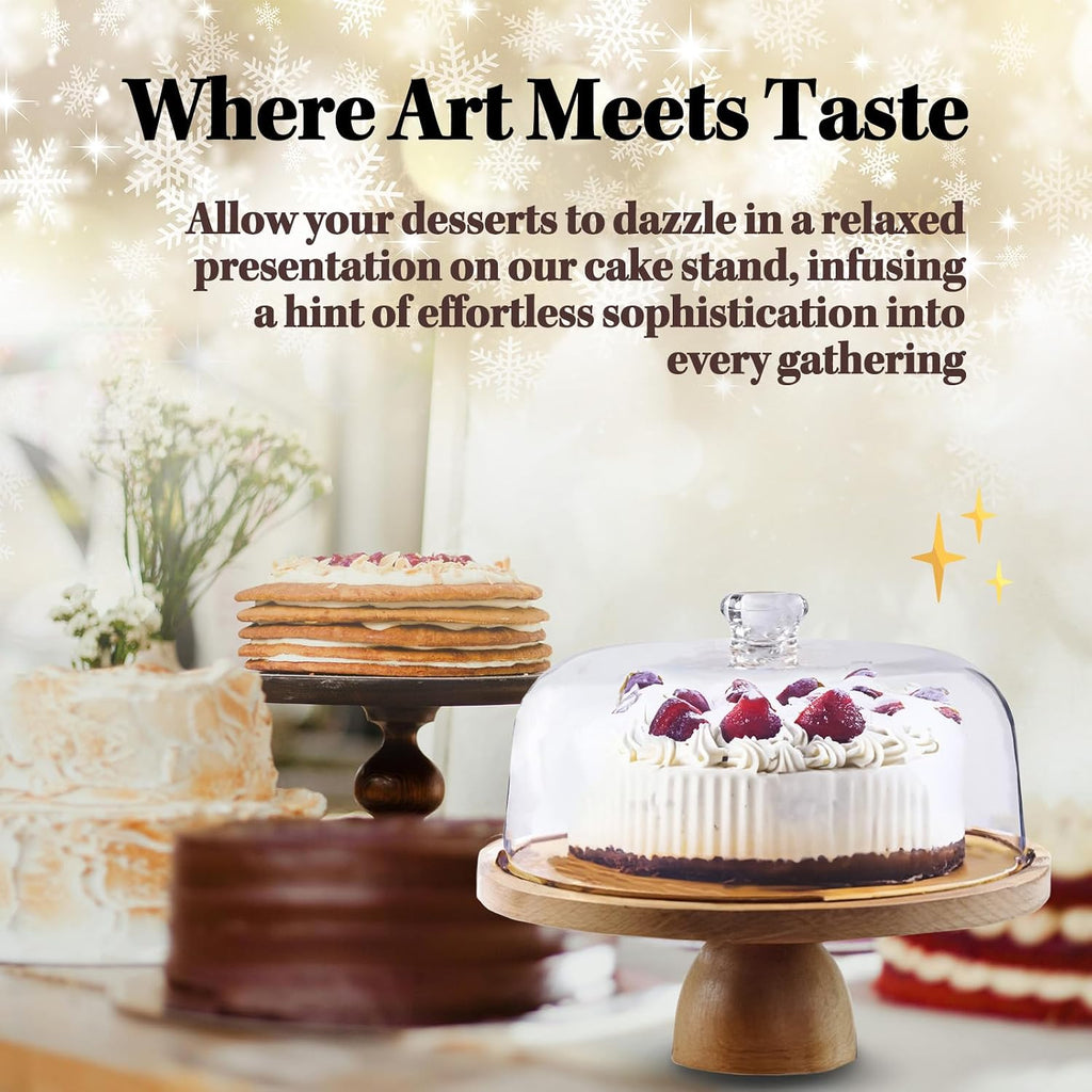 Cake Stand with Acrylic Dome Lid 2-in-1 - Multifunctional Round Shatterproof Dessert Table Display Set with Acacia