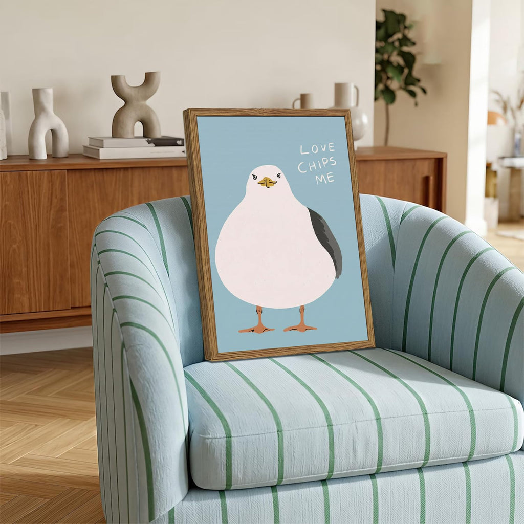 Funny Seagull Wall Art, Love Chips Me Quotes Wall Decor Painting Cute Beach Animal Poster Canvas Prints Picture