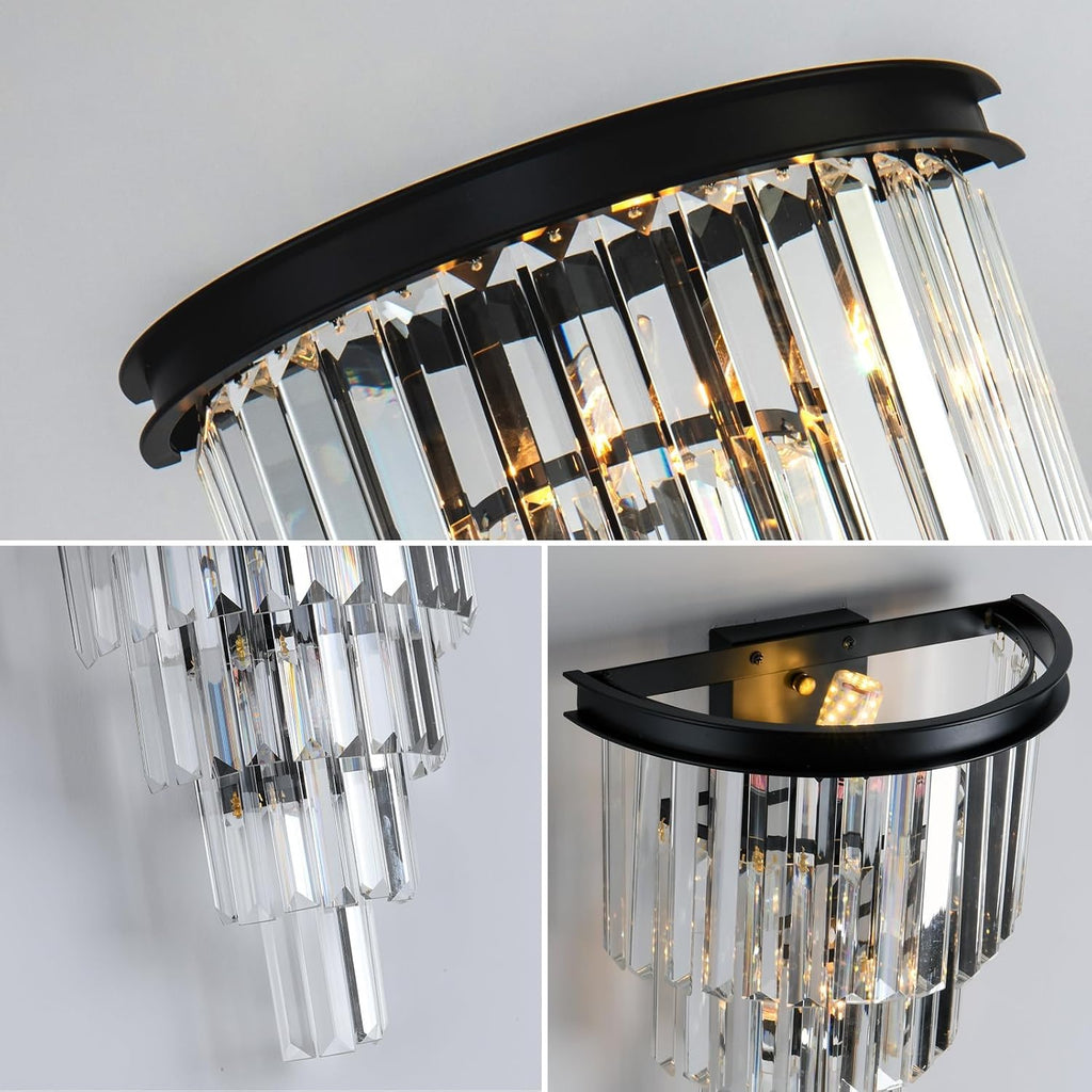 Black Crystal Wall Sconce, Modern 4-Tiers K9 Clear Crystal Wall Light Bedside Wall Mount Lamp for Living Room Bedroom
