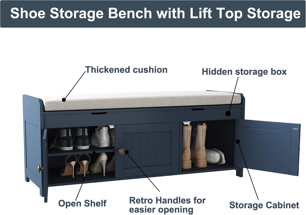 41.3" Shoe Bench with Lift Top Storage, Entryway Bench with Cushioned Seat, Wooden End of Bed Bench, Shoe Cabinet