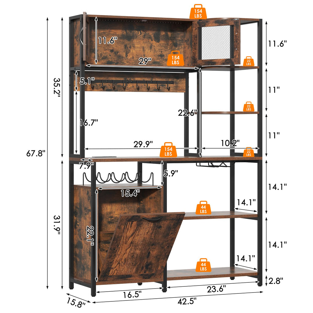 Bakers Rack with Power Outlet and LED Light, 42.5 inch Industrial Coffee Bar Cabinet with Trash Can Storage Bin