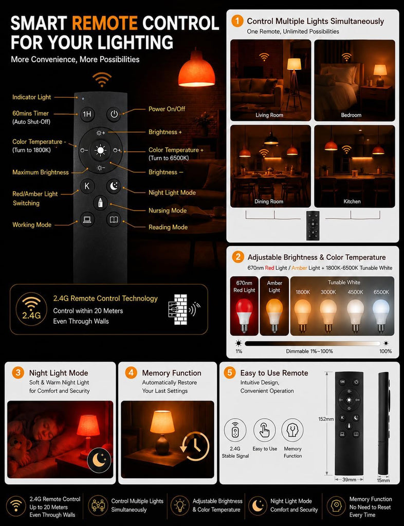 670nm Red Light Bulb for sleep, Amber Light Bulbs with Remote Control, Circadian Sleep Light Bulb, Blue Light