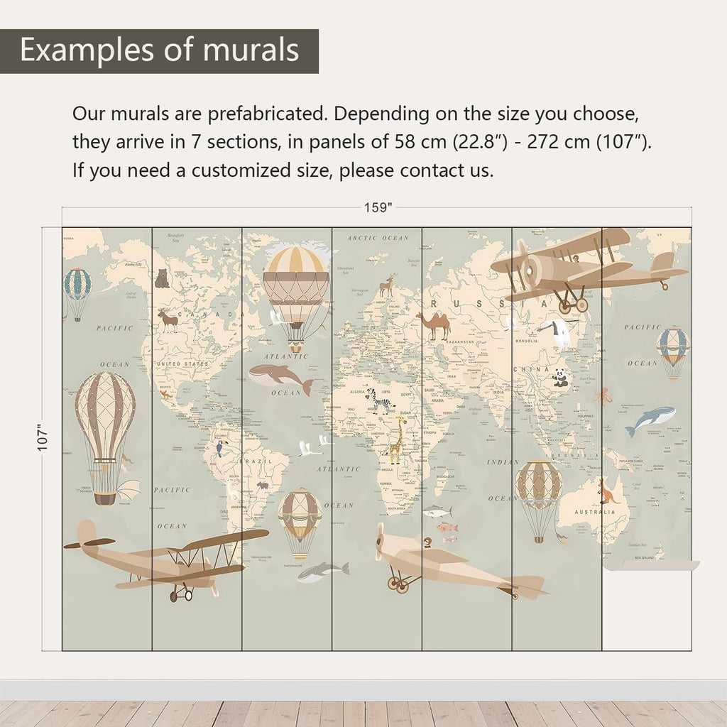 Vintage Animal Wallpaper Cartoon Aircraft Map wall murals for Kids Room 159"x107"(Not Peel and Stick)