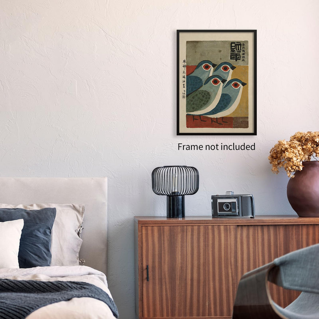 Mid Century Japanese Bird Wall Art Retro Blue Bird Canvas Poster Modern Minimalist Abstract Animal Prints Bedroom