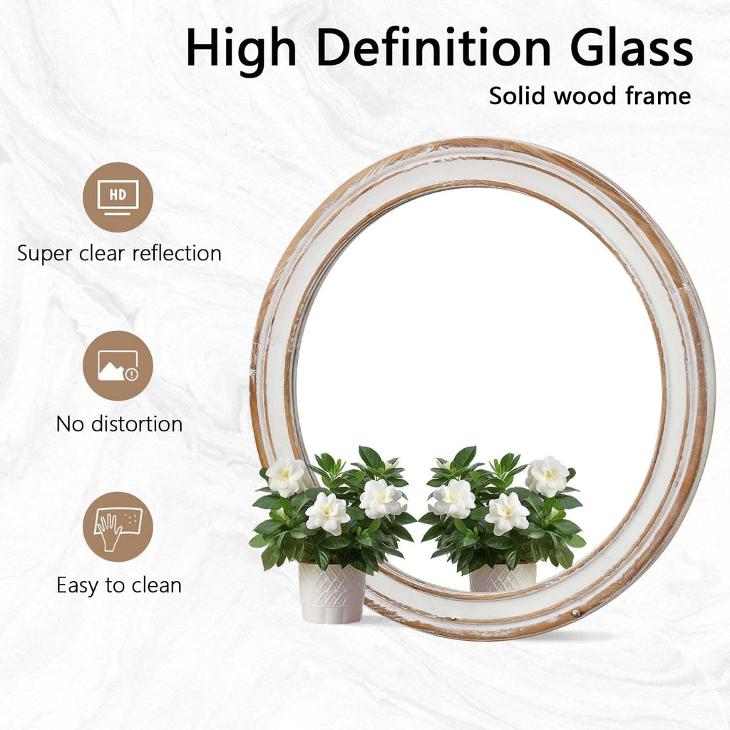 Round Wall Mirror with Distressed Wood Frame, Rustic Farmhouse Style, Ideal Decor (35.43x35.43)