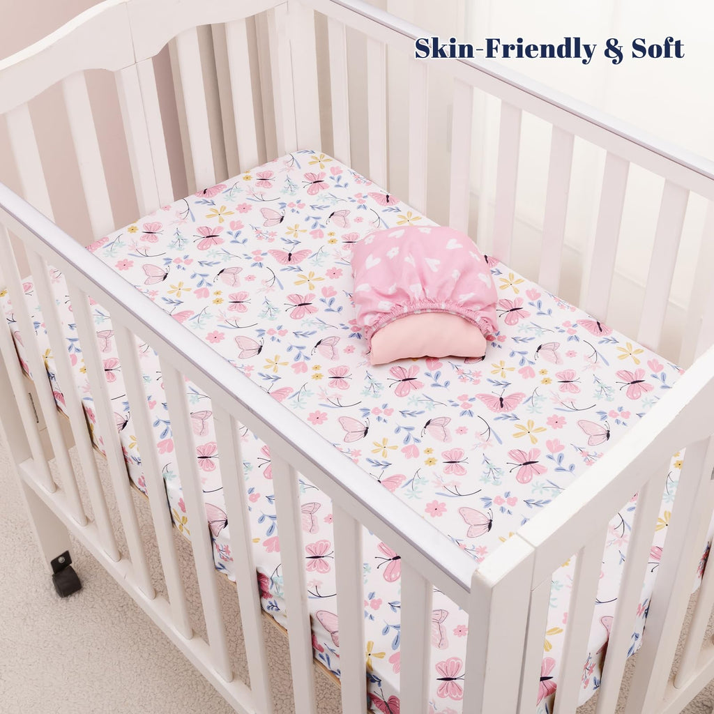 3 Pack Soft Mini Crib Sheets, Butterfly Pack N Play Sheets for Baby Girls, No Slip Universal Fit for Pack N Play