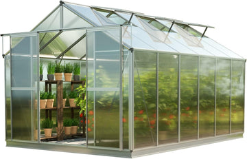 Topas 6 7.4x12.6 ft Walk in Greenhouse, Clear Polycarbonate | Double sliding door, 3 roof vents, twin wall panels