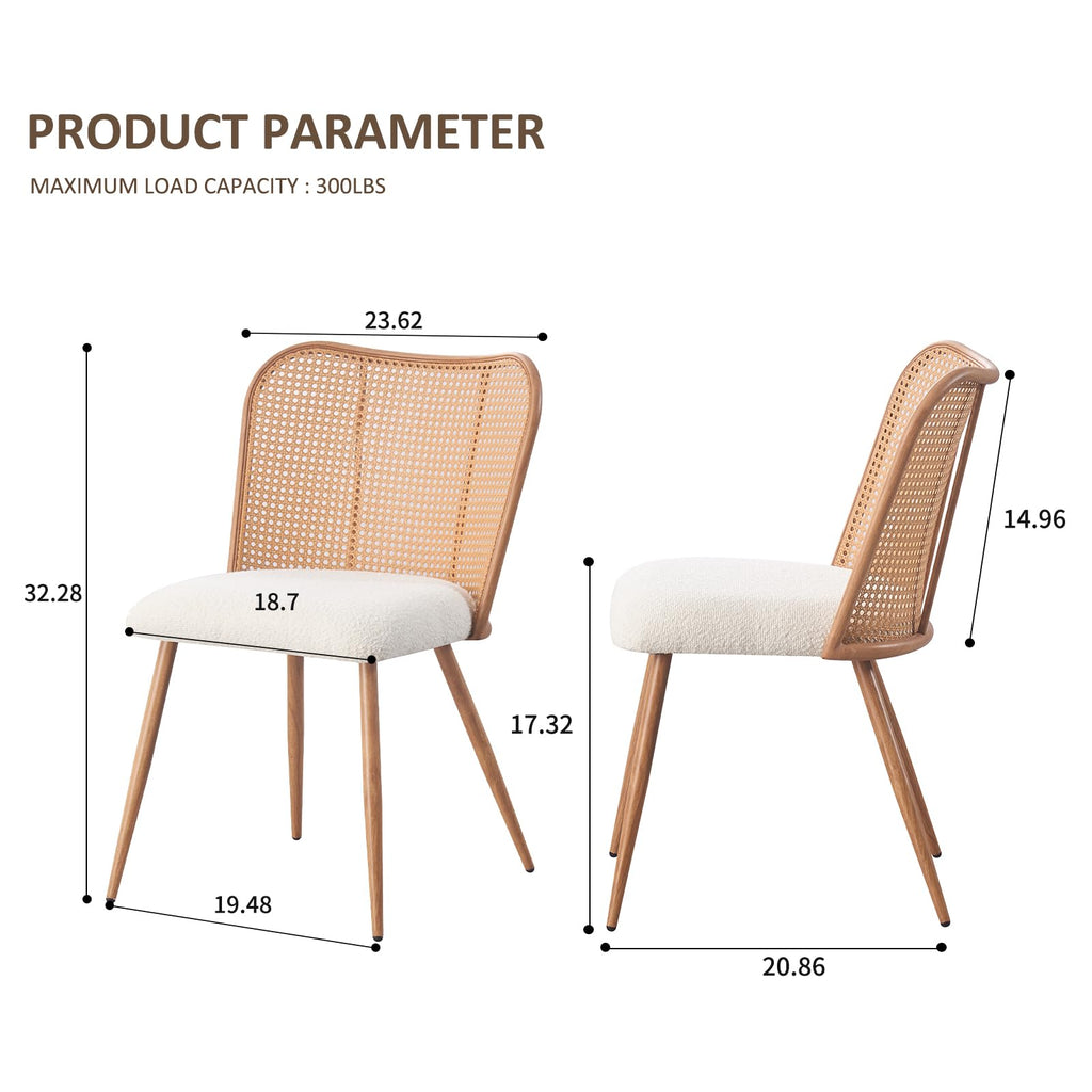 Rattan Dining Chairs Set of 4, Modern Chairs with Cane Back Upholstered Boucle Kitchen Chairs Armless Side Chair with