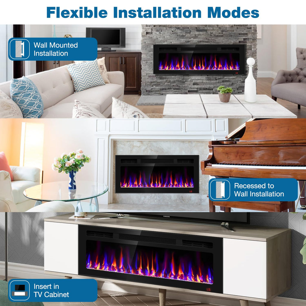 60 Inch Electric Fireplace Recessed and Wall Mounted, Fireplace Heater and Linear Fireplace, Ultra-Thin Electric