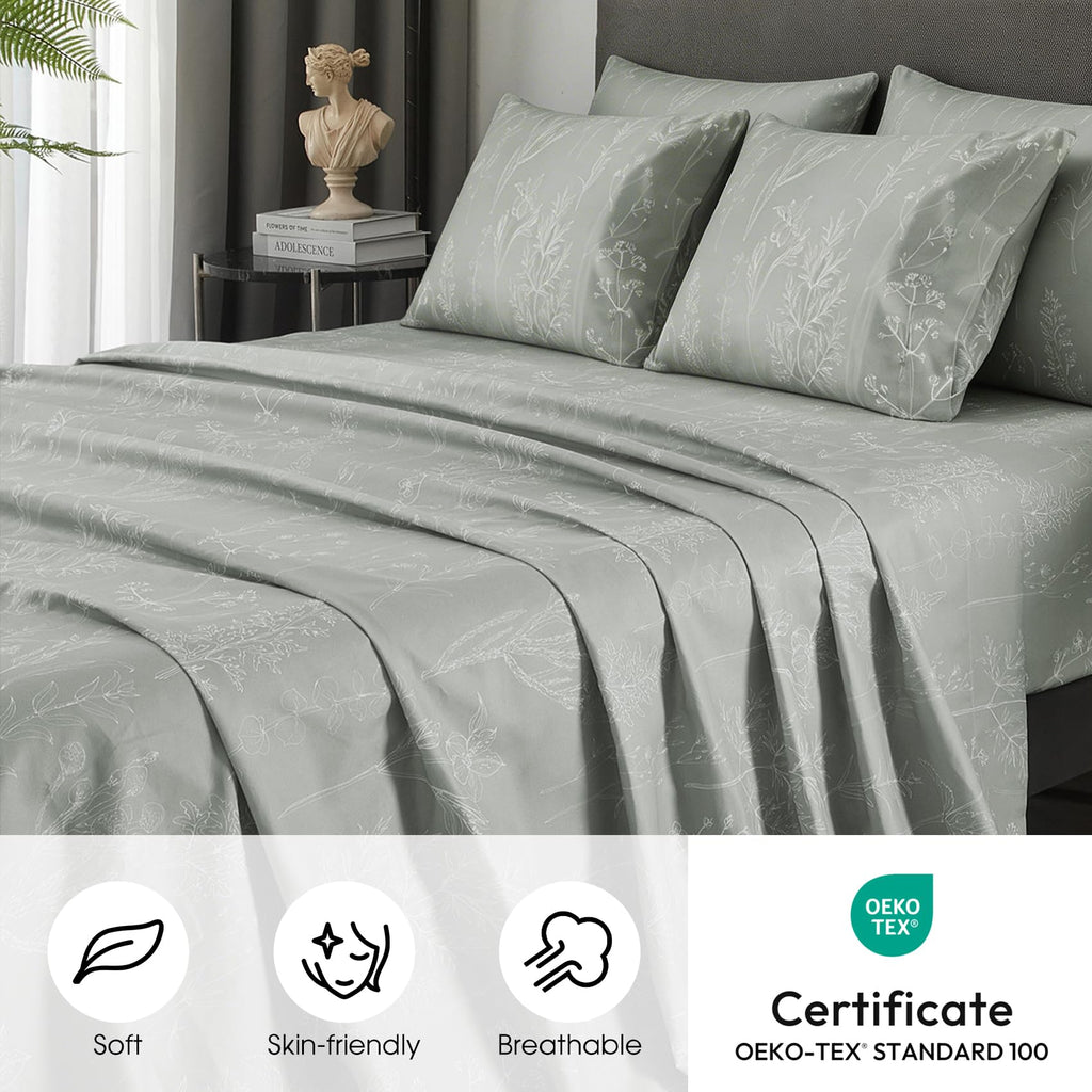 California King Size Sheets Set, Grey Floral 18" Deep Pocket 6pc