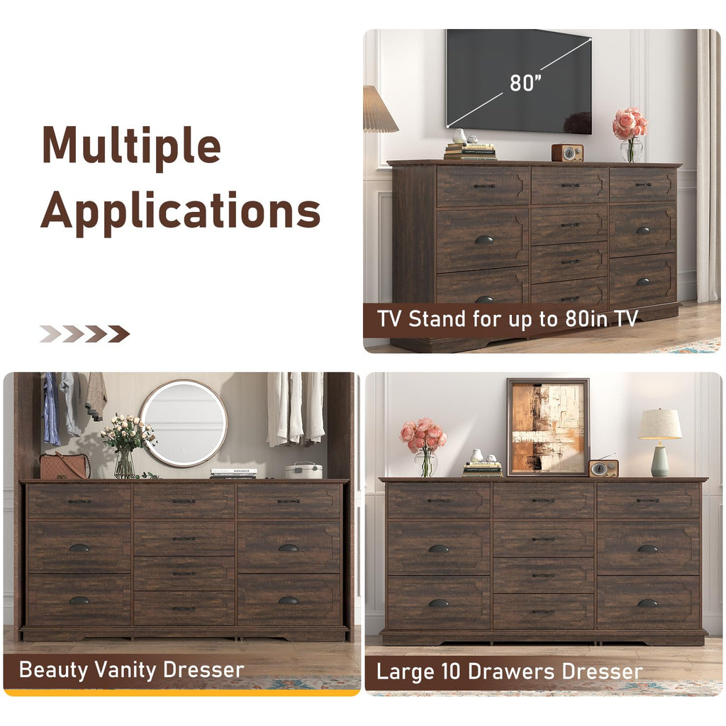 70inch Large Long w/Charging Station, 10 Drawer w/Deep Big Drawers, Wooden Chest of Drawers w/Power Outlet, Brown