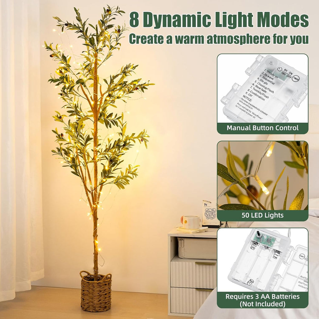 6ft Artificial Olive Tree with LED Fairy Lights, Tall Faux Potted Plant with Woven Basket - Natural Wooden Trunk &