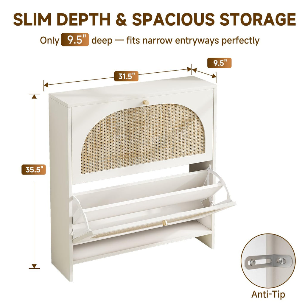 Shoe Cabinet Storage Slim 9.5" Freestanding Floor Base Shoe Storage Cabinet, 2 Flip Drawers with 3-Position