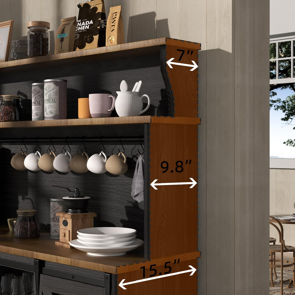 55'' Farmhouse Coffee Bar Cabinet with 3 Tier Storage Hutch, Coffee Bar Station with Sliding Barn Door, Hutch Storage