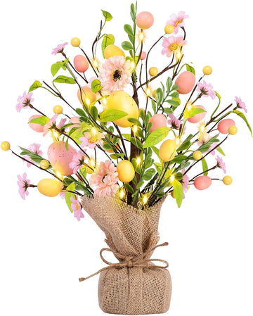 Easter Decorations, Pre-Lit Easter Egg Tree Tabletop Decor with Delicate Ornaments Easters Party Wedding Holiday