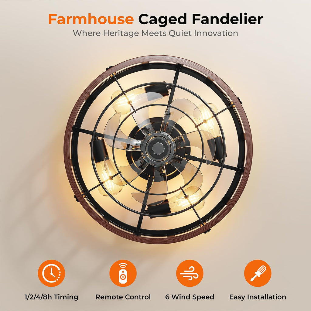20" Farmhouse Flush Mount Ceiling Fans with Lights and Remote, Low Profile Caged Fan Lights Fandelier 6 Speeds