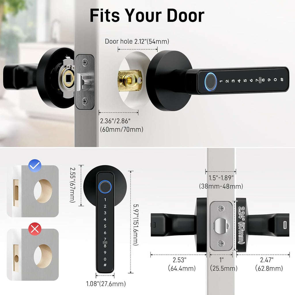 Smart Fingerprint Door Lock with Keypad, Keyless Entry Door Knob with Handle, Biometric Door Lock /Front