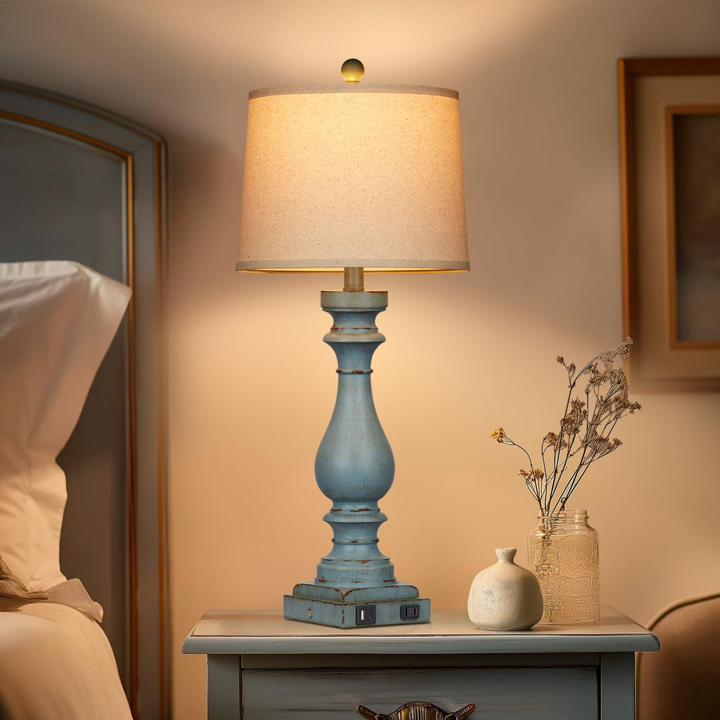 29" Tall Coastal Lamp, Retro-Blue Vintage Bedside Nightstand Lamps with USB Charging Ports A/C, 3-Way Dimmable Touch