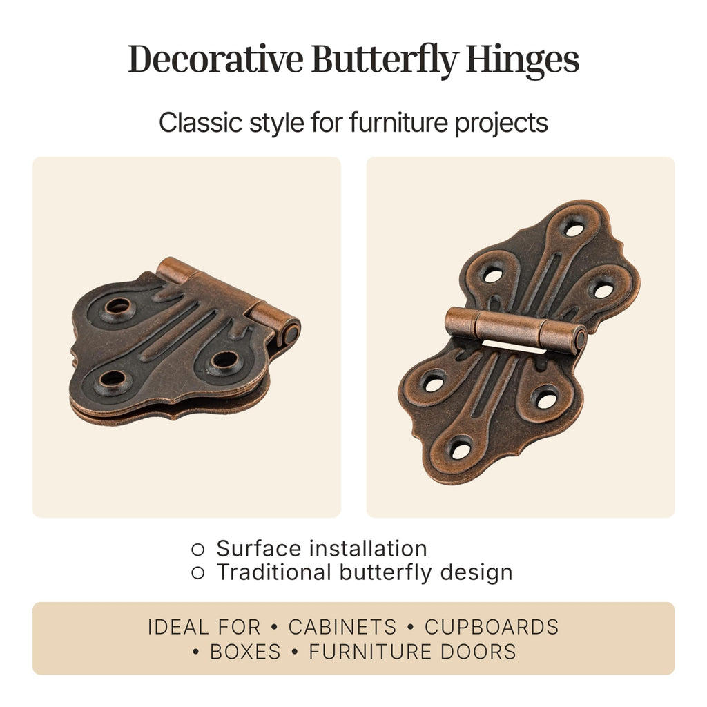 Antique Copper Butterfly Hinges - 2-7/8" x 1-11/16" - Pack of 2 - Decorative Surface Mount Hinges for Cabinet Doors