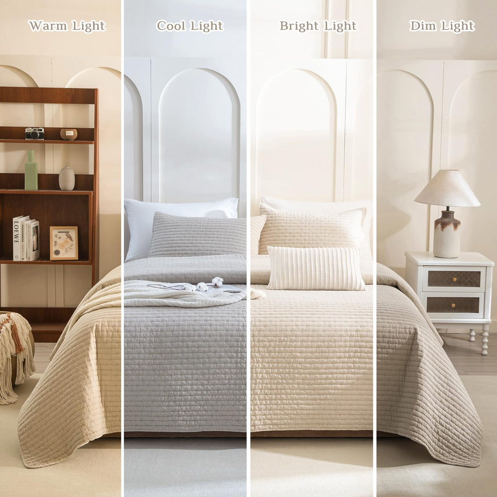 128"x120", Stone-Washed Cotton Wheat King Quilt Bedding Set Oversized, 3 Pieces Soft Lightweight Extra Large Farmhouse
