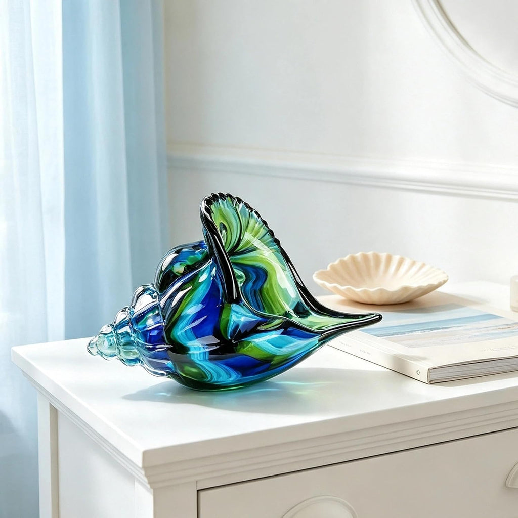 8" Glass Conch Figurines, Hand Blown Seashell Art Glass Sculpture