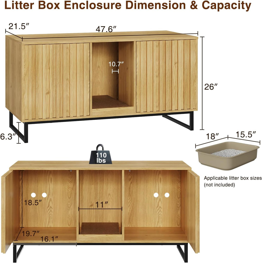 Cat Litter Box Enclosure for 2 Cats, 47.6'' Litter Box Furniture Hidden with Scratch Pad, Double Room Large Cat
