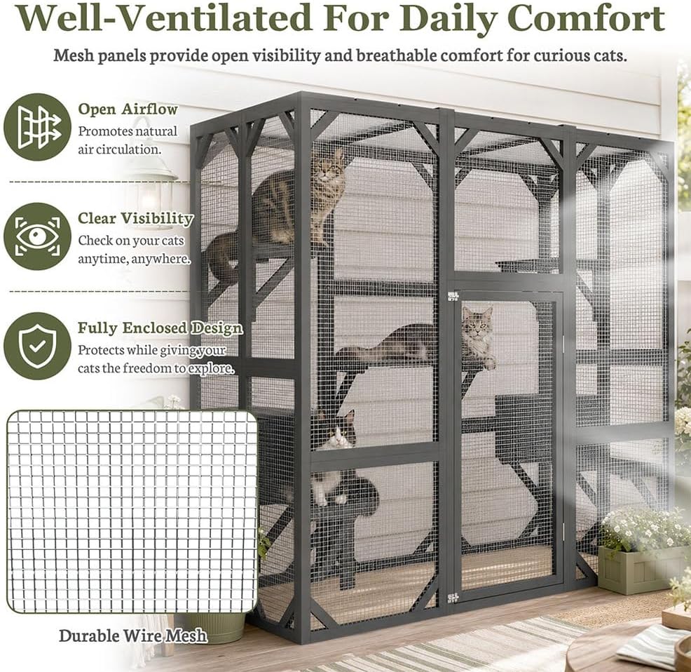 71 Inch Catio Outdoor Cat Enclosure, Wooden Walk-in Cat House with Waterproof Polycarbonate Roof, Wire Mesh Panels