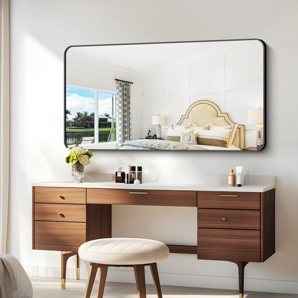 30x60 inch Bathroom Mirror,Black Rectangle Mirror,Wall Mounted Bathroom Frame Vanity Mirror with Round Corner Living