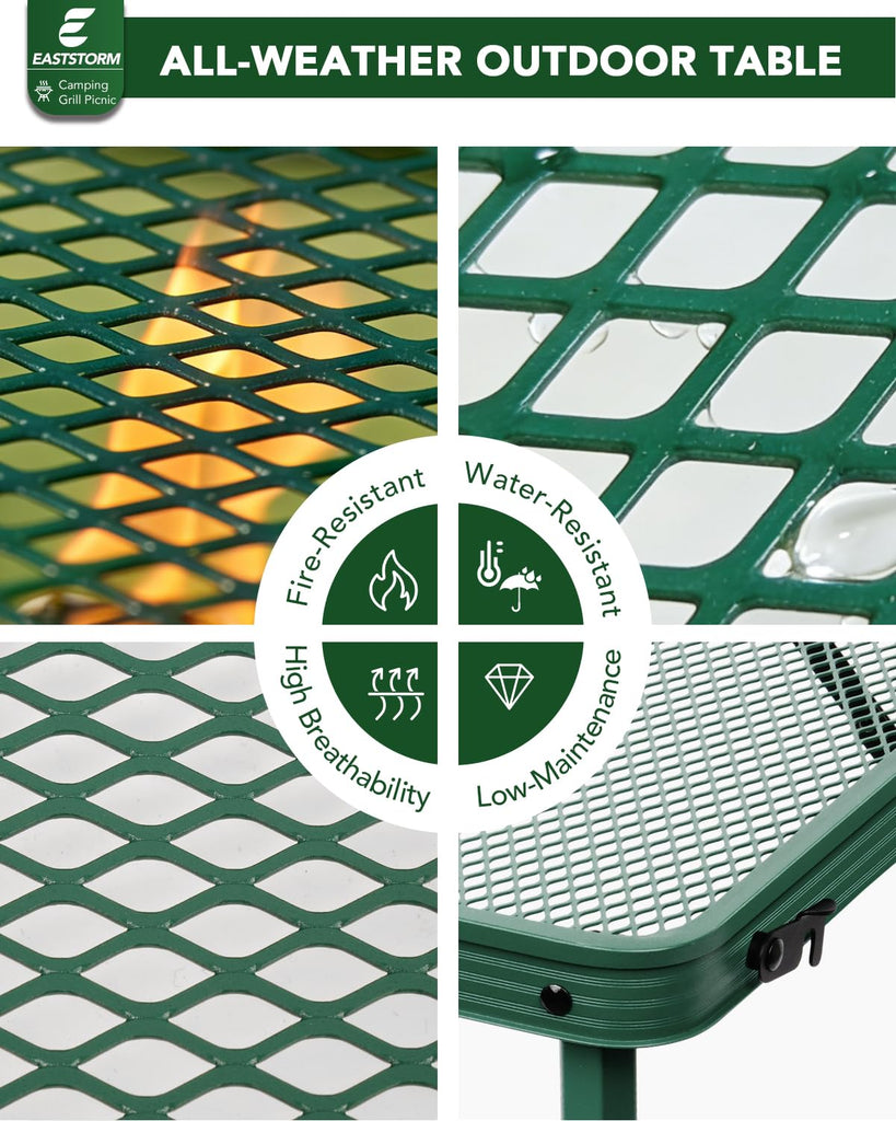Small 2ft Folding Table with Carry Handle, Adjustable Height 10.6" or 22", Green Metal Mesh, Portable & Compact