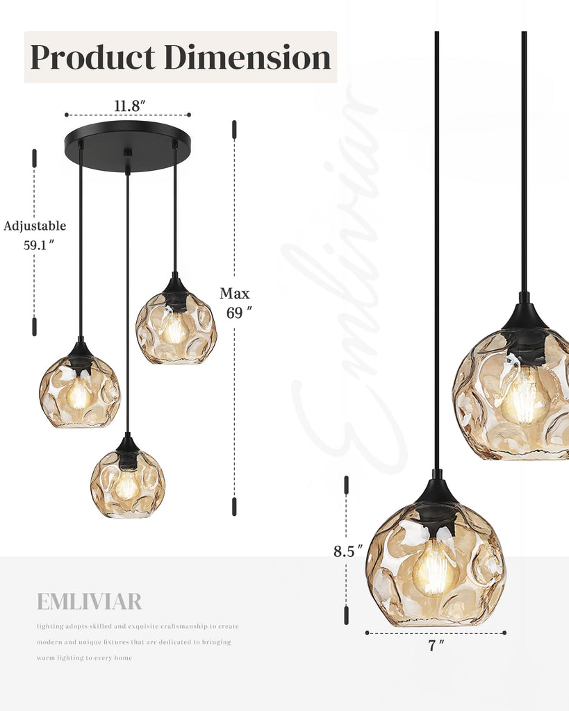 Cluster Pendant Lamp with Hammered Glass, Linear Barn Hanging Pendant Lighting in Amber Finish, DYE287G2-3 BK