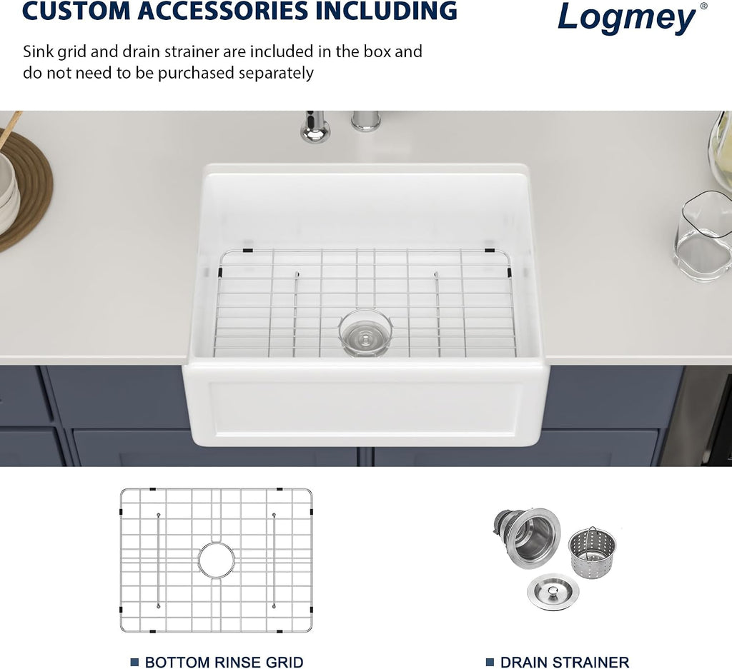 24 Inch White Farmhouse Kitchen Sink Apron Front Farm Sink Undermount Fireclay 24 x 18 x 10 Inch Single Bowl Ceramic