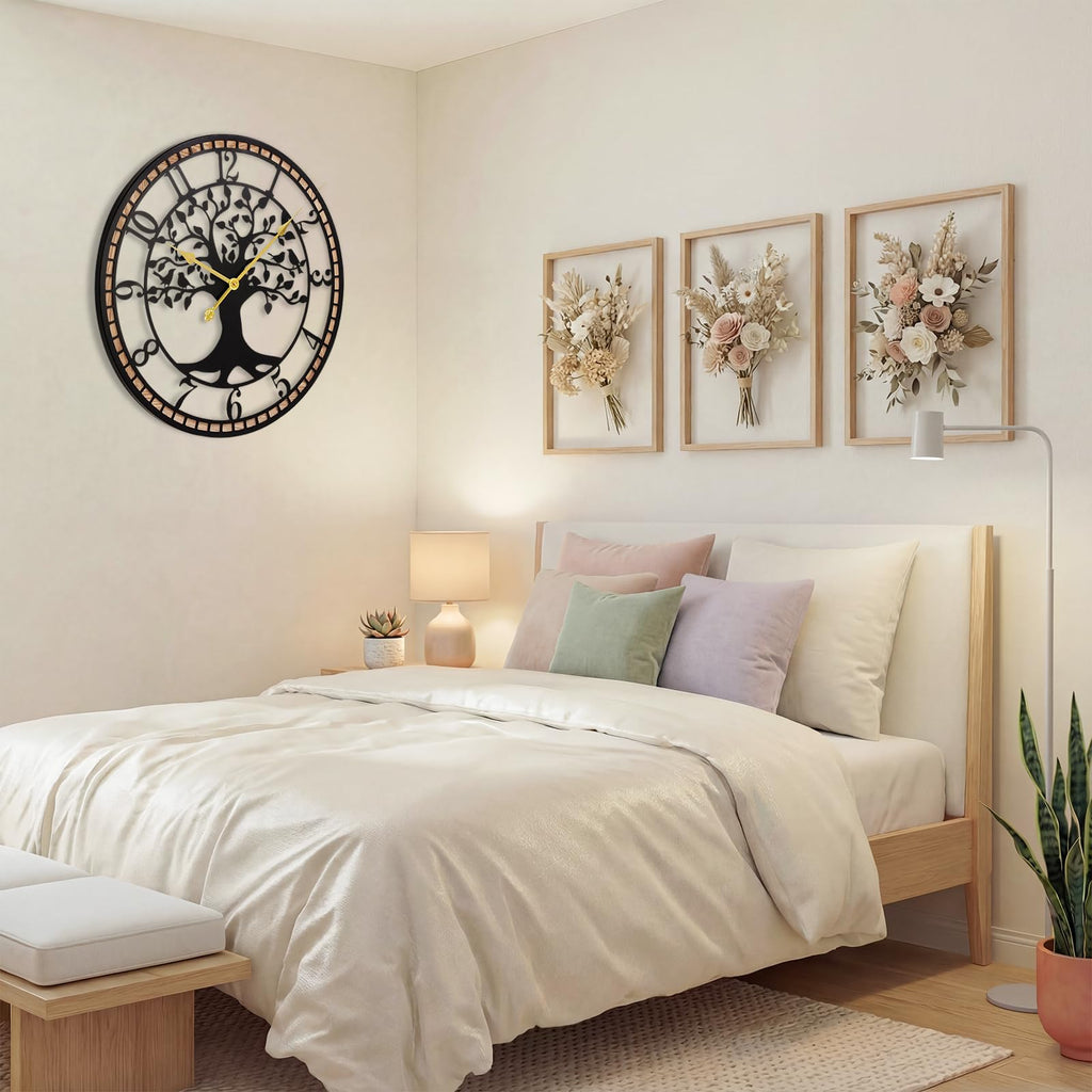 24" Farmhouse Bird Branch Wall Clock with Metal Tree Design
