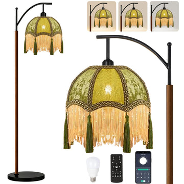 Vintage Floor Lamp, Wood Remote Dimmable Standing Lamps with Retro Victorian Fringe Green, Arc Black Tall Floor Light