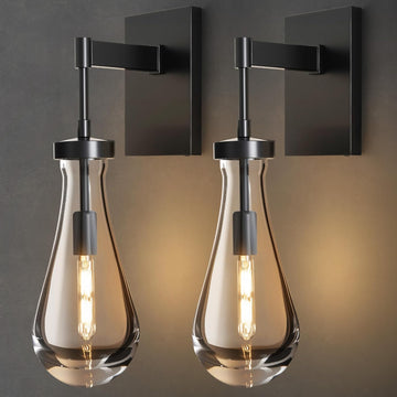 Raindrop Brass Crystal Wall Sconce: Set of 2 Clear Solid Indoor Sconces with Bulbs - Dimmable Vanity Lamp - Luxury