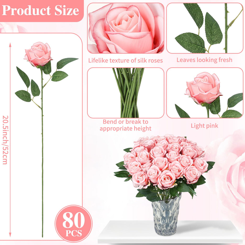 80 Pcs Artificial Roses Long Stem Silk Flowers Light Pink