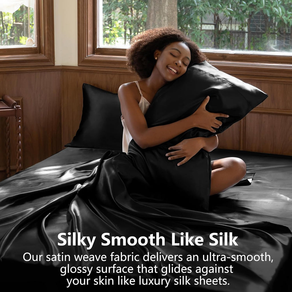 Satin Sheets Queen Bed Set - Silky Soft Bedding Similar to Silk, 4 Piece Sheet Set for Hair and Skin, Deep Pocket