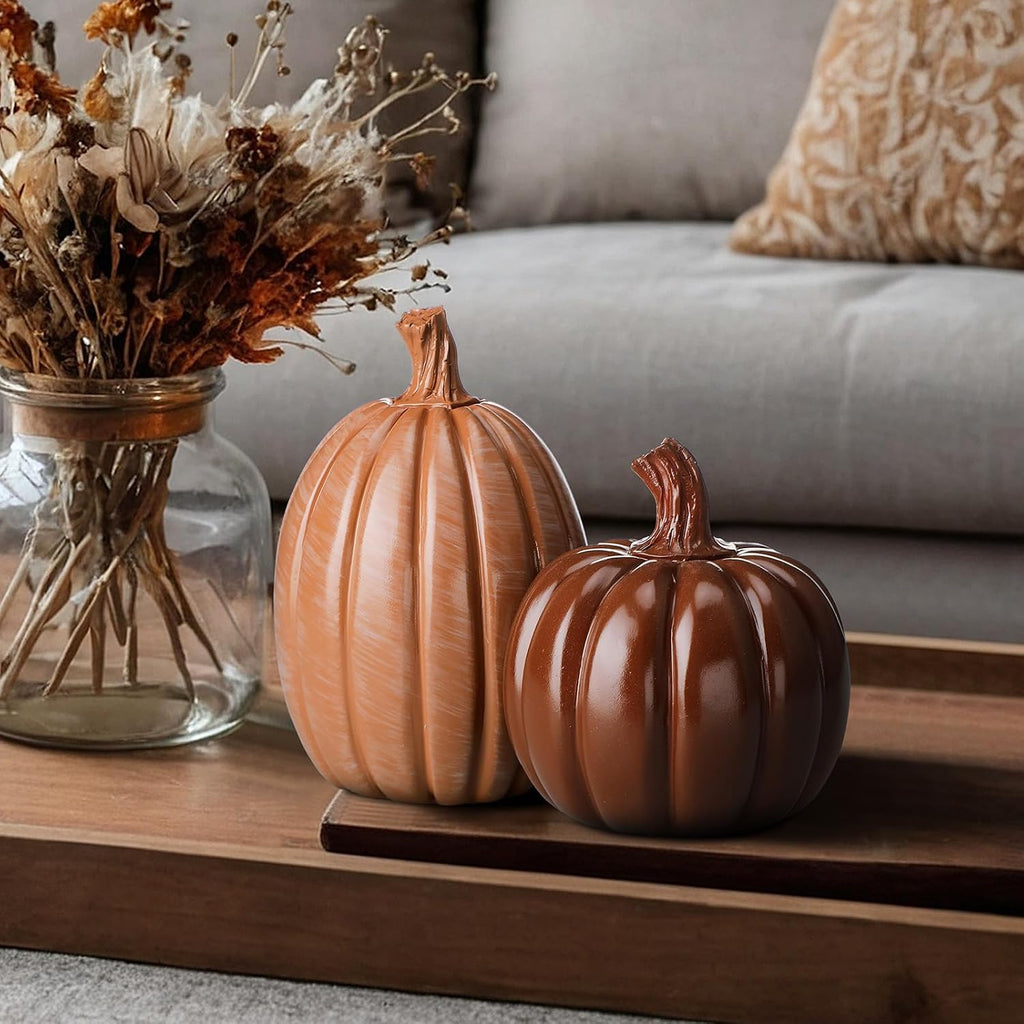 Fall Pumpkin Decor Resin Pumpkin Table Decor, Brown, Glossy - Set of 2