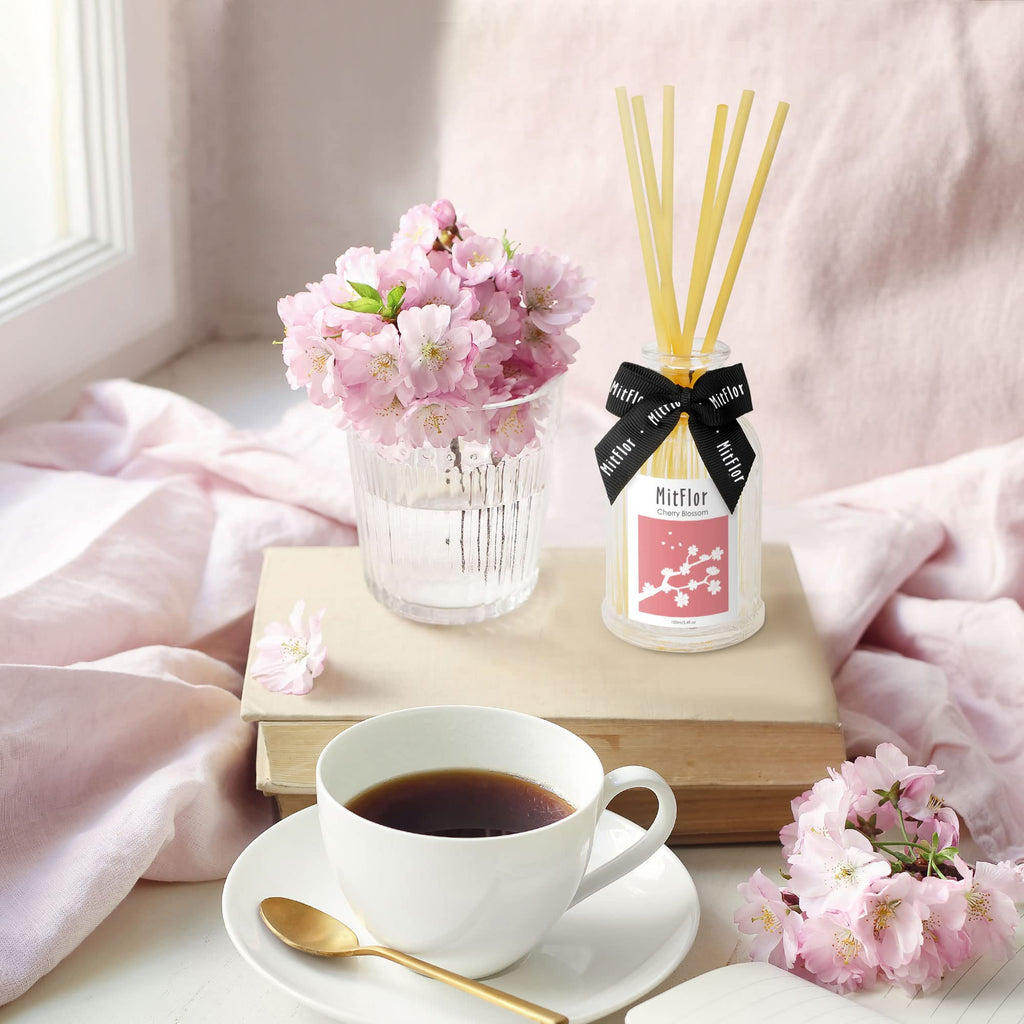 Cherry Blossom Reed Diffuser Set, Premium Home Fragrance Diffuser with 6 Natural Rattan Sticks, Romantic Floral