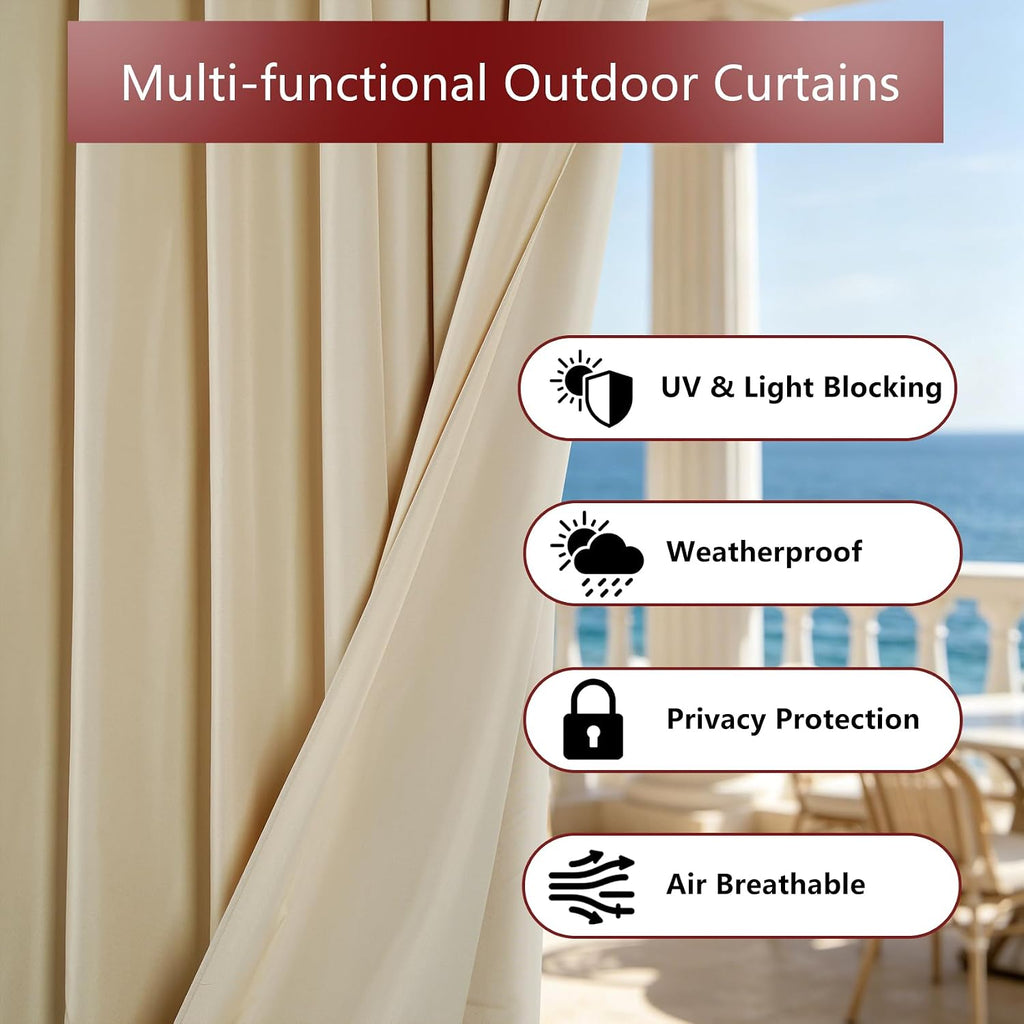 8 Panels Outdoor Curtains Waterproof - 52x84 Inches Cream Blackout Curtains, Polyester Weatherproof Privacy Drapes