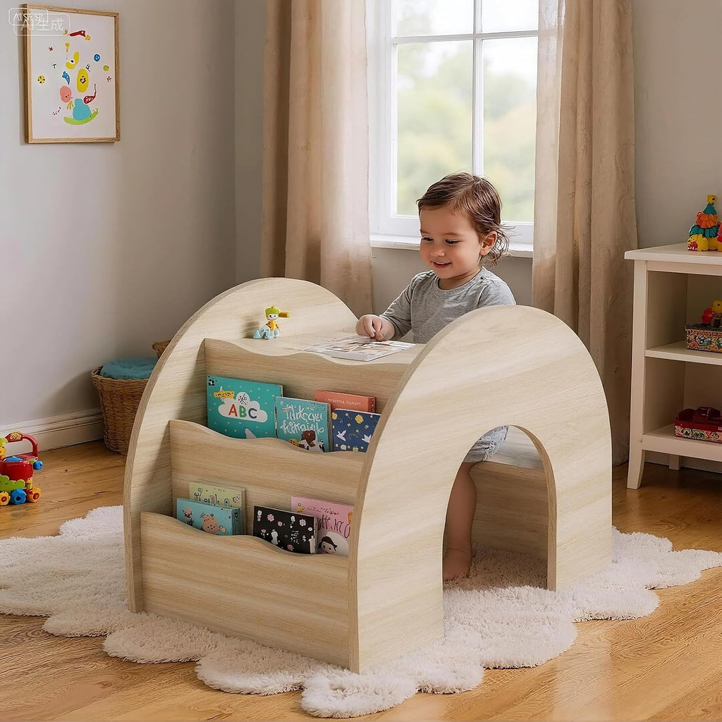 In-1 Kids Desk and Chair Set, Montessori Toddler Desk with Bookshelf for Ages 2-7 | Arched Baby Bookshelf