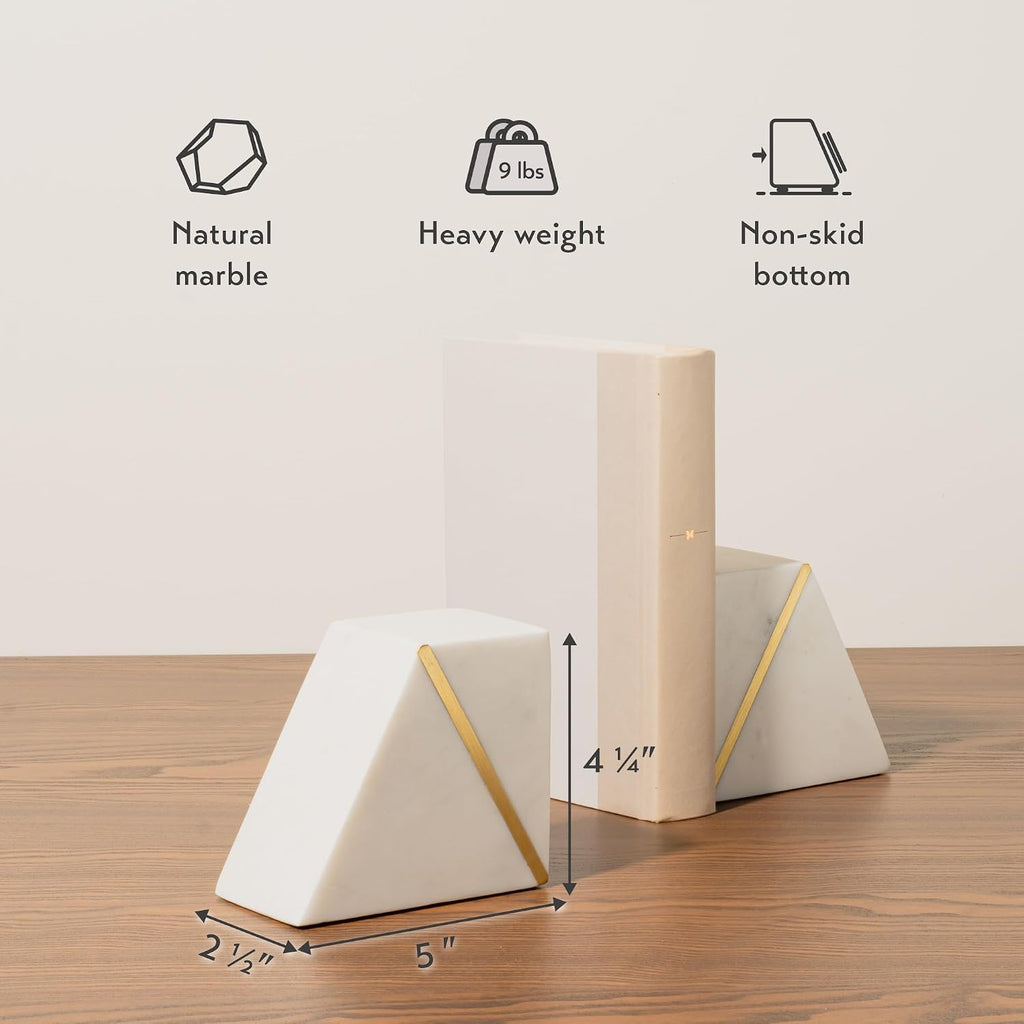 White Marble Bookends with Gold Brass, White, Set of 2 | Heavy Book Ends for Shelves, Solid Stone Bookshelf Decor