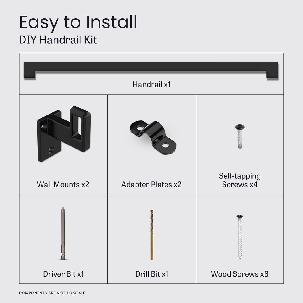 Modern Aluminum Handrail Complete DIY Kit - Matte Black with Adjustable Wall Mount Brackets Included (2' Length)