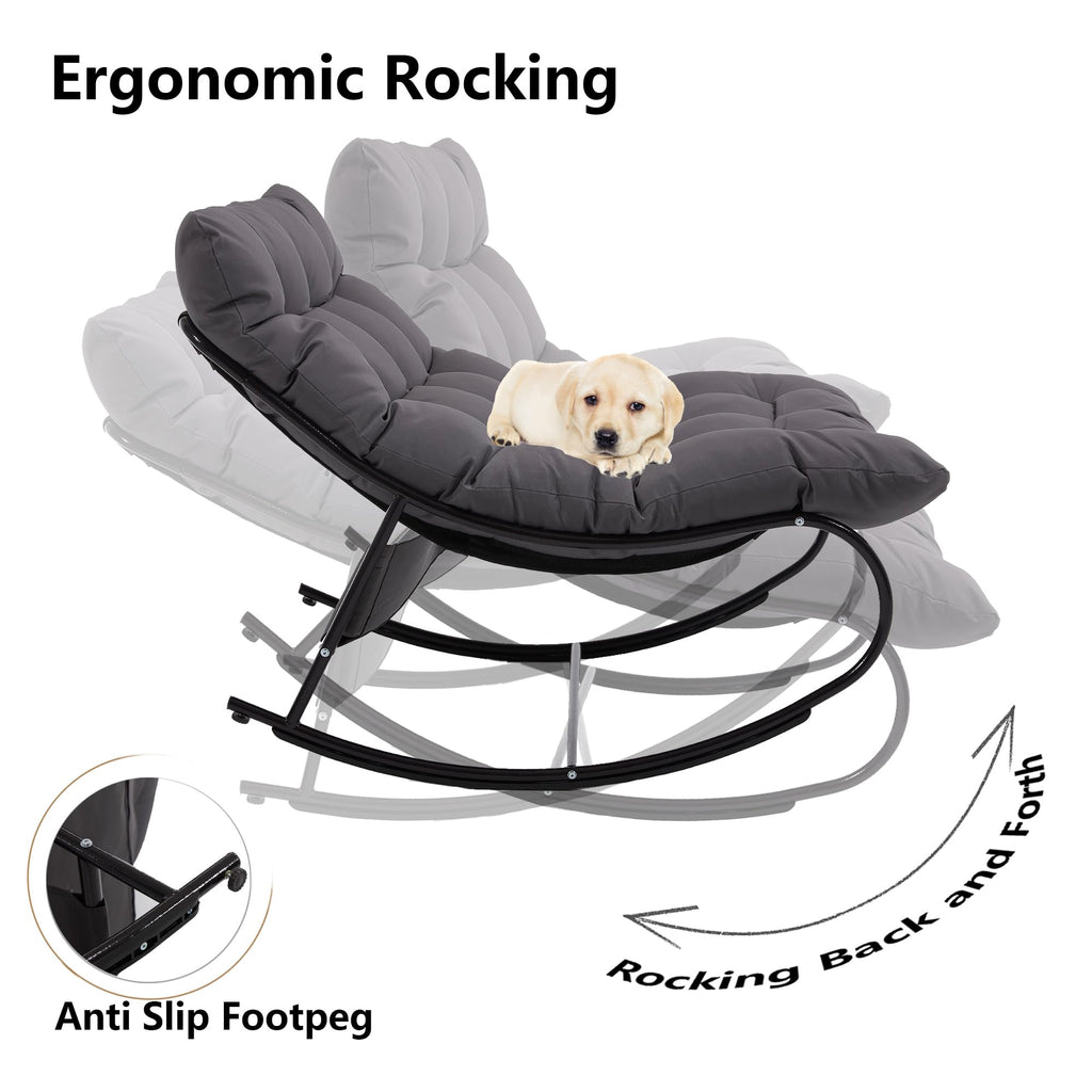 Upholstered Outdoor Rocking Chairs, Modern Patio Rocking Chair Set of 2 with Foot Rest, Sturdy Metal Papasan Rocking