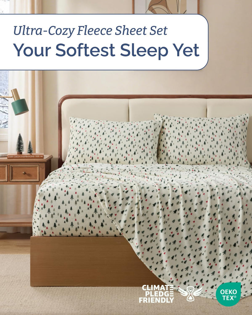 Fleece Sheets King Size Set - 4-Piece Velvet Flannel Sheet Set - Trees